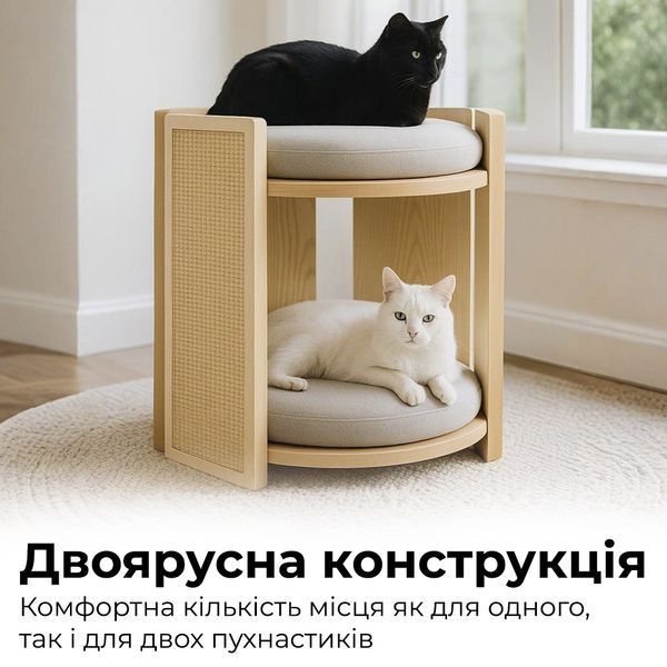 Домик для кота с подушками, когтеточкой и игрушкой. Двухъярусная лежанка для кошек из дерева и сизаля CO-CS0245 фото
